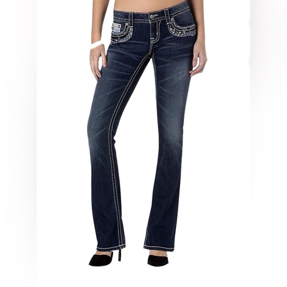 Miss Me Denim Jeans Womens Metal Stud Boot Cut Medium Dark JP7695B - Picture 1 of 9